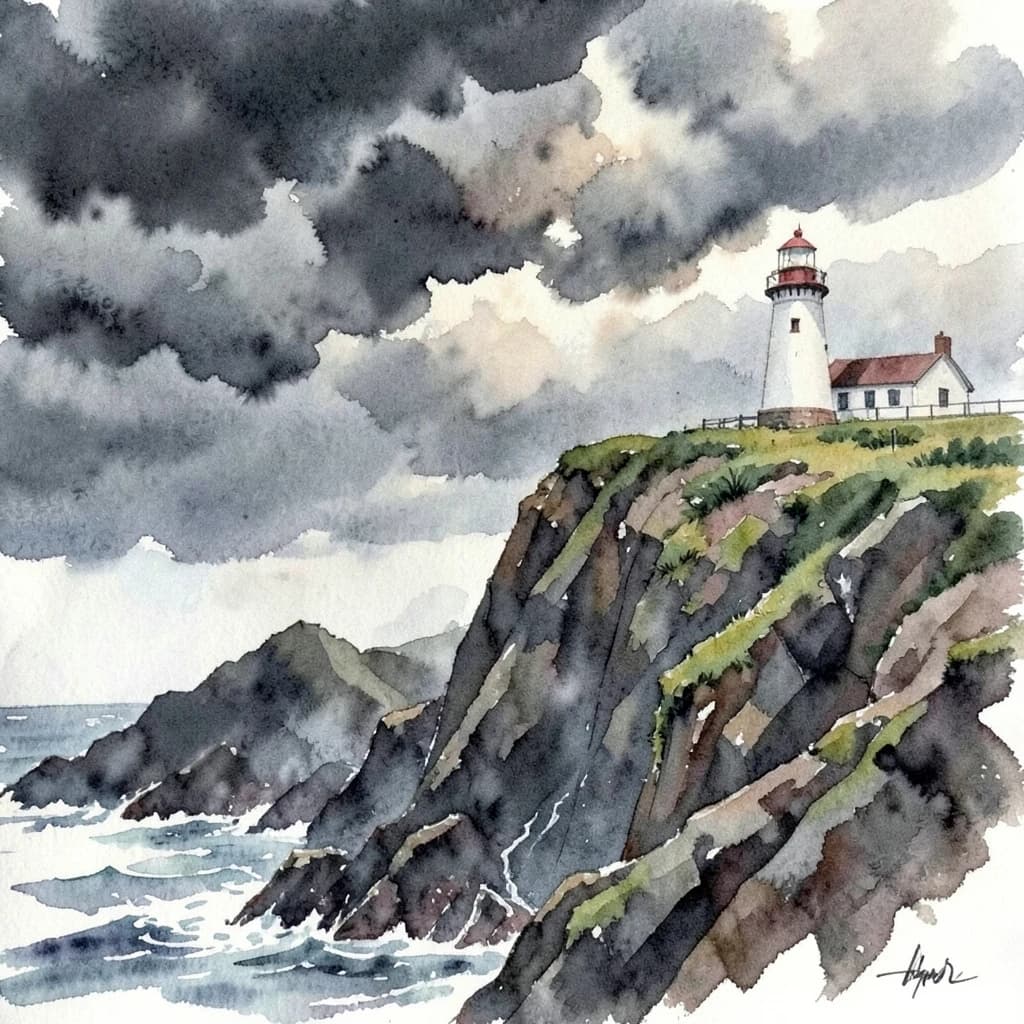 Please paint a watercolor of stormy cliffs and a lighthouse, moody sky.
