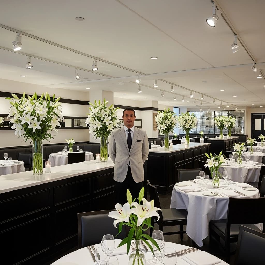 The place is almost empty. The banquettes are covered in white leather, the tables black granite, and the entire room is bathed in halogen track lighting that seems too bright. The maître d’ wears a double-breasted wool crepe jacket. There are lilies on every table.