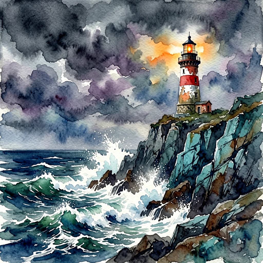 Please paint a watercolor of stormy cliffs and a lighthouse, moody sky.