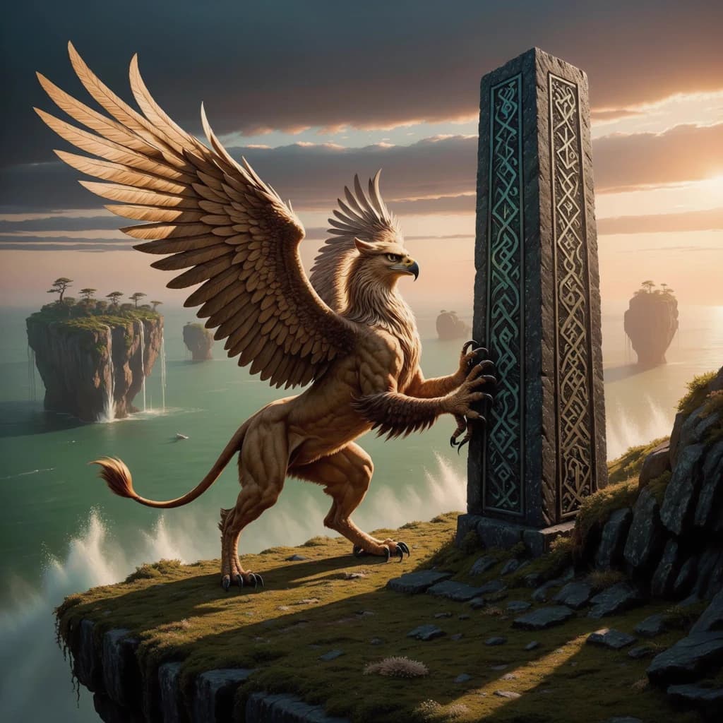 At dawn, a winged griffin lands on a mossy cliff above a jade sea beside a runed obelisk; floating isles drift under golden sunbeams, with a bit of sea spray and glowing runes.