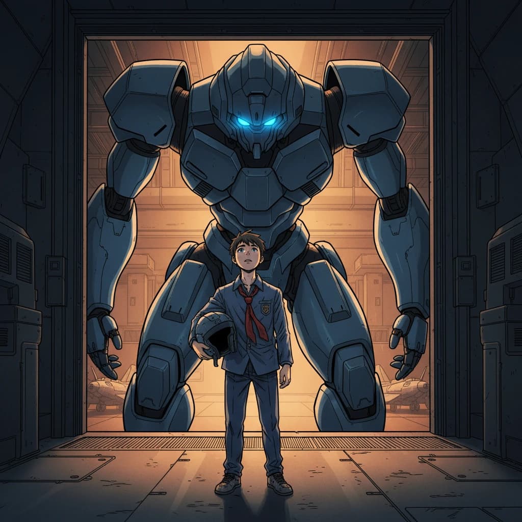 A teenage pilot grips his helmet under one arm, standing at the edge of a glowing hangar bay. Before him looms a sleek, steel-blue mech, its eyes lit with a cold electric glare. His school uniform is rumpled, a sharp contrast to the machine’s flawless plating. The vast scale engulfs him in shadow, emphasizing both awe and dread. Hand-drawn anime style.