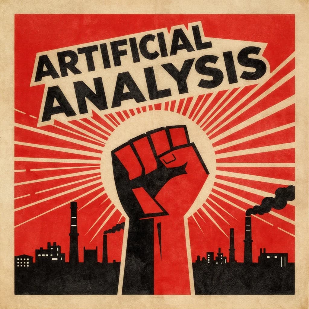 A propaganda poster in stark red, black, and beige. A clenched fist rises in the foreground, rendered with sharp geometric blocks. Behind it, radiating lines stretch upward toward a stylized sun. At the top, bold sans-serif lettering in Cyrillic-inspired type spells out Artificial Analysis, tilted at an angle for emphasis. A factory skyline silhouettes the bottom edge, smoke stacks rising into the background. The texture is rough, printed on aged paper with visible creases and ink bleed. Designed in the constructivist Soviet poster style.