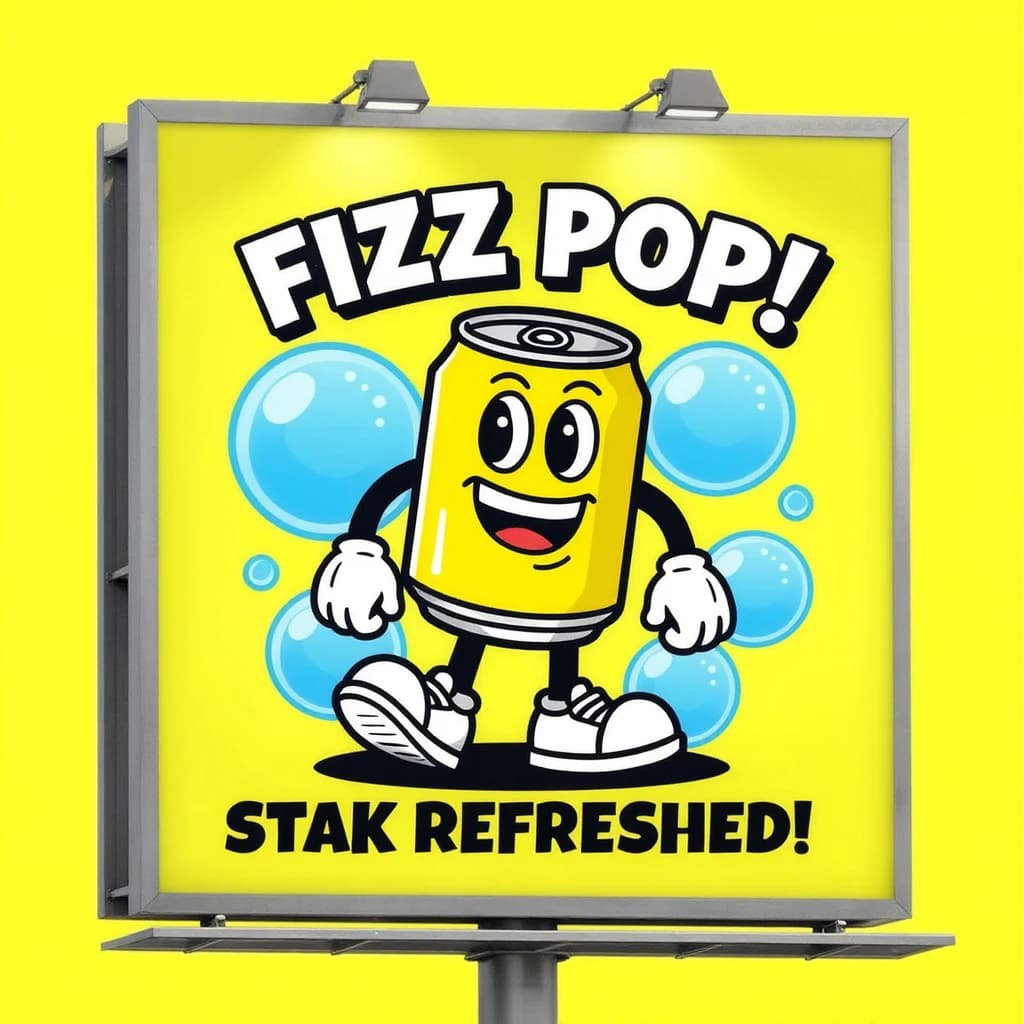 Design a bright soda billboard ad with a bubbly can mascot, thick inky lines.