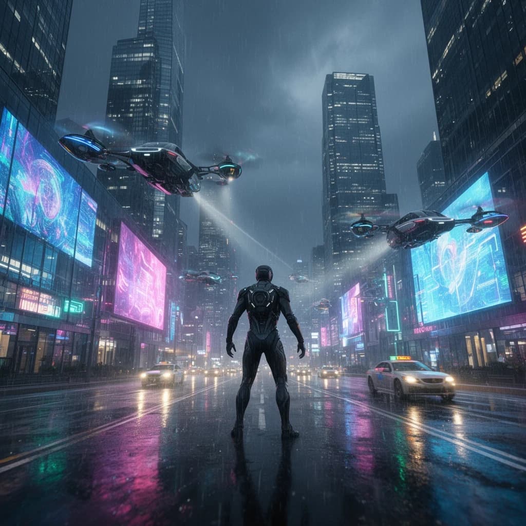 Rain-soaked neon megacity at night, flying taxis weave between glass towers, giant holograms flicker; a lone courier in a matte exosuit, somewhat cinematic wide angle.
