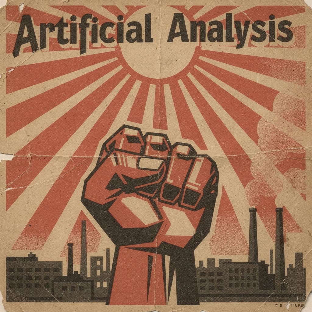 A propaganda poster in stark red, black, and beige. A clenched fist rises in the foreground, rendered with sharp geometric blocks. Behind it, radiating lines stretch upward toward a stylized sun. At the top, bold sans-serif lettering in Cyrillic-inspired type spells out Artificial Analysis, tilted at an angle for emphasis. A factory skyline silhouettes the bottom edge, smoke stacks rising into the background. The texture is rough, printed on aged paper with visible creases and ink bleed. Designed in the constructivist Soviet poster style.