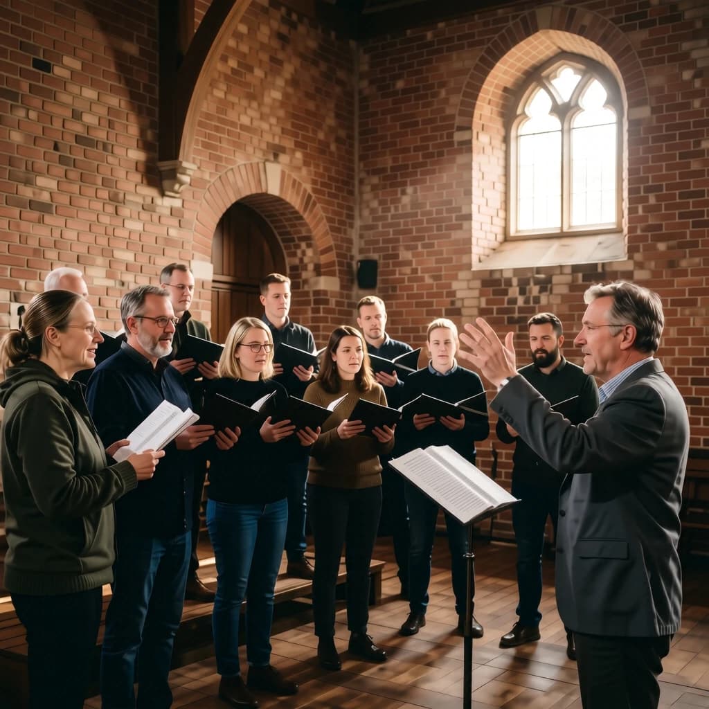 A choir rehearses in a brick hall as somewhat dramatic morning light falls through high windows, with a patient conductor mid-gesture, open scores, intent faces, slight motion blur.