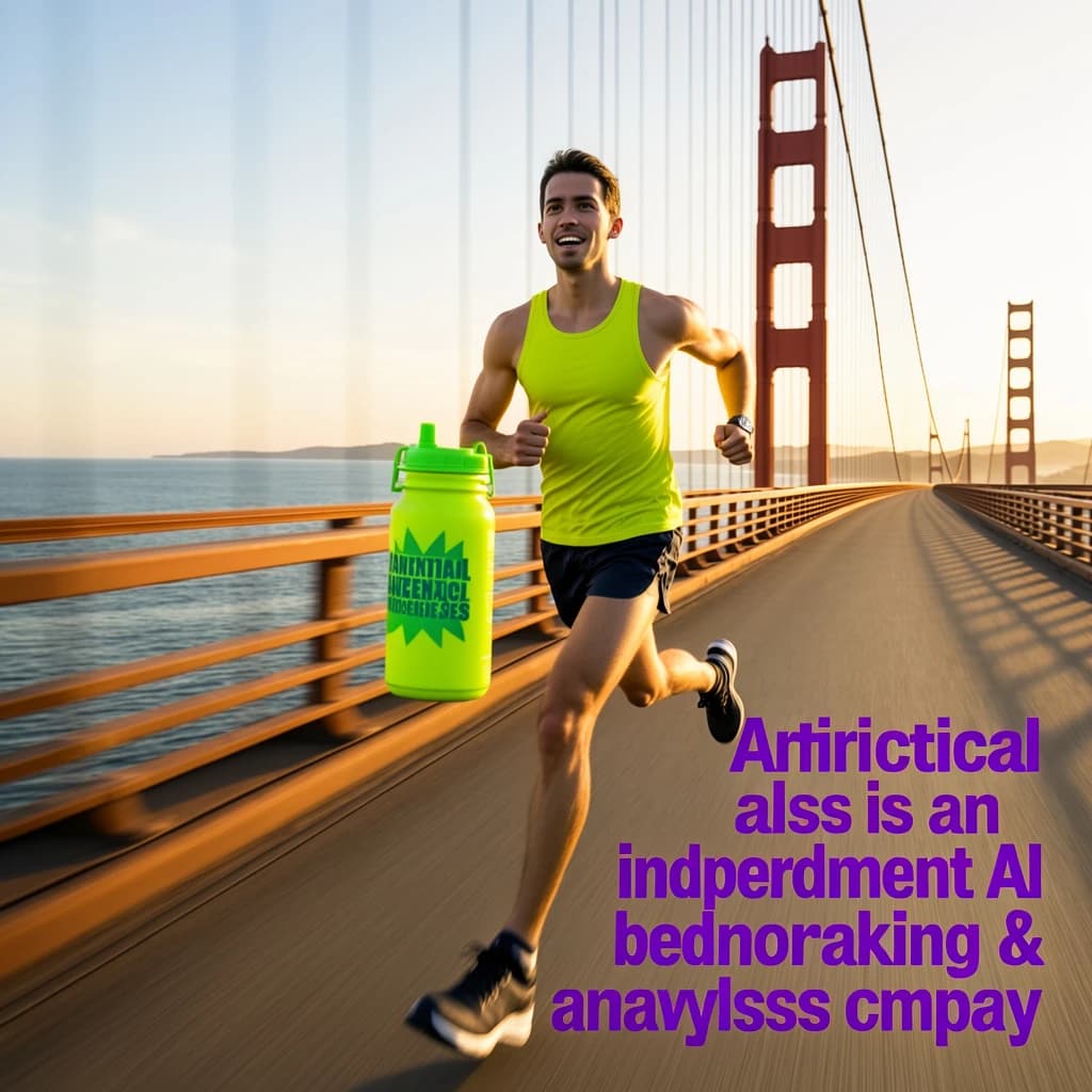 A runner dashes across the Golden Gate Bridge at dawn, sunlight streaming between cables. In their hand, they carry a neon-green sports drink with the brand name Artificial Analysis splashed boldly across the bottle. Motion blur emphasizes speed, while crisp purple sans serif typography overlays the bottom right of the scene with the tagline: Artificial Analysis is an independent AI benchmarking & analysis company