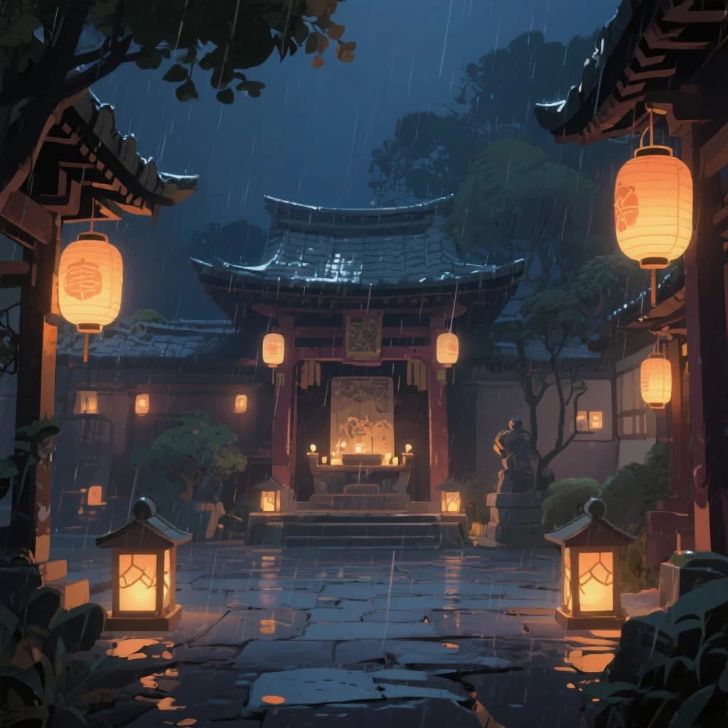 Lantern-lit shrine courtyard at night, cel-shaded, soft glow, drizzle.