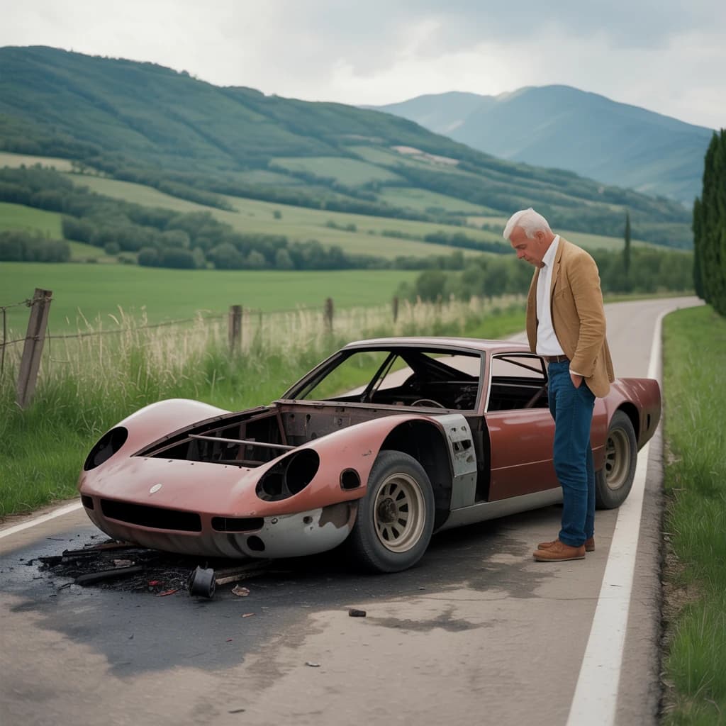 Mario examines the still smouldering wreck of the crash that took his best driver on the side of the country road. He designed this car and caused this. 3 days have passed since the crash. It's 1973 in Northern Italy.
