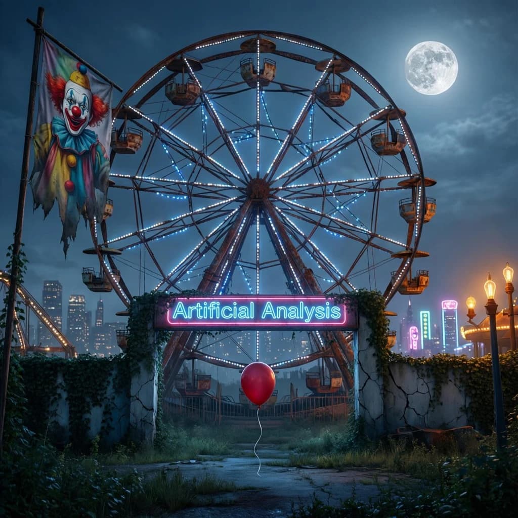 A deserted amusement park glows faintly under a half-moon. The ferris wheel is rusting yet strung with fresh, blinking LED lights. A torn clown banner flaps in a windless air. A lone balloon floats upward, tethered to nothing, while in the far distance city lights flicker on - some neon, some gas lamps as though from another century. 'Artificial Analysis' glows in neon