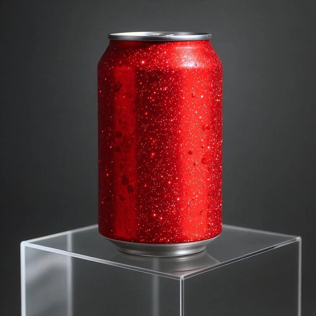 A close-up ad shot of sparkling soda can on glossy acrylic, harsh top light.