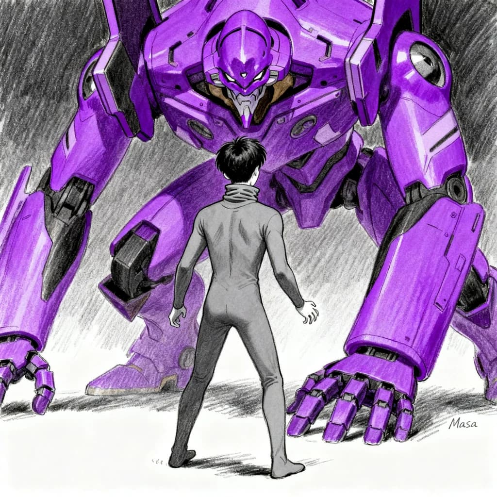 Clad in his body suit up to the neck, young Masa nervously approaches the towering mech with his back facing us. He is nervous for his first time in the field. The mech's bright purple colour scheme contrasts with the grey body suit. The scale of the mech dwarfs Masa. Hand drawn style