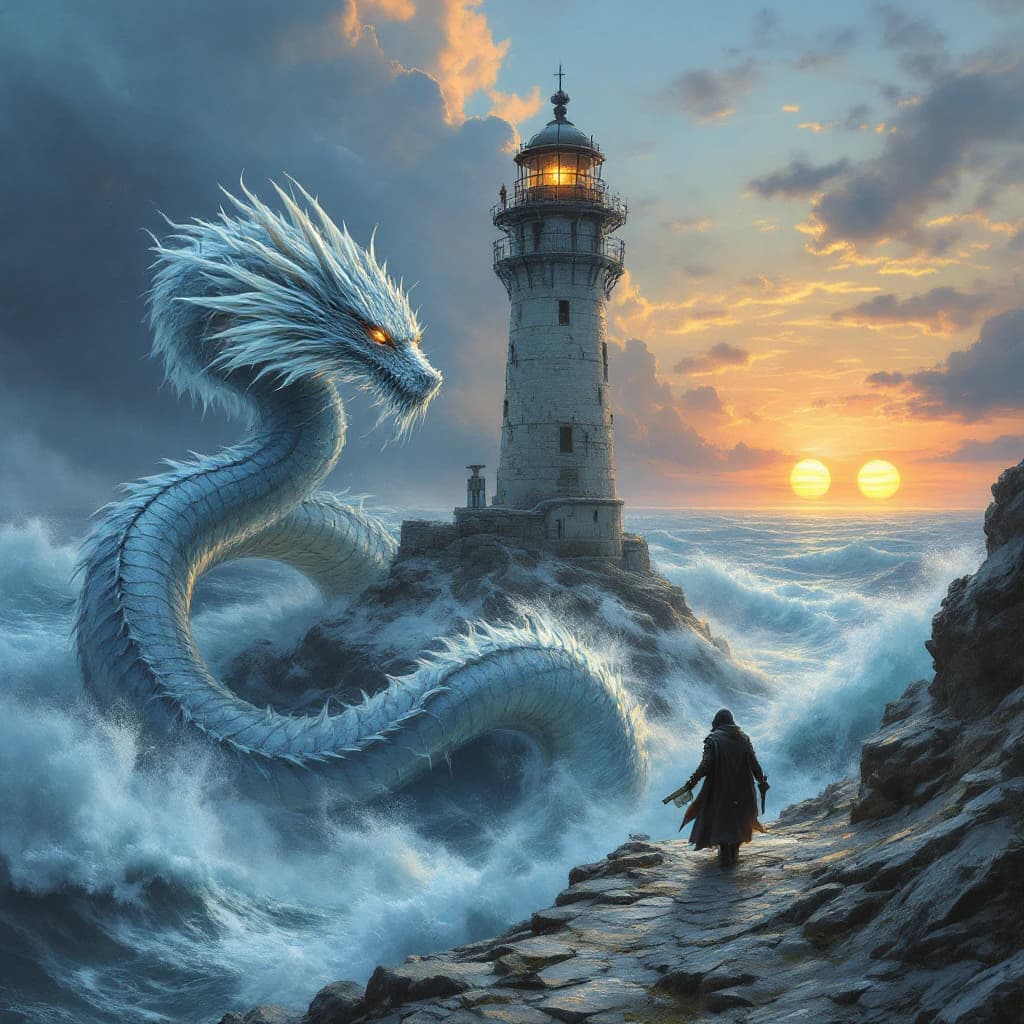A dragon of molten silver coils around a lighthouse. The storming sea below crashes upward in frozen stillness, as though caught mid-motion. The dragon’s molten eyes drip tears of ice. On the horizon, two suns set next to each other, casting orange light on one side of the tower and blue on the other. A cloaked traveler carries an ancient weapon in his left hand and a scroll in his right.
