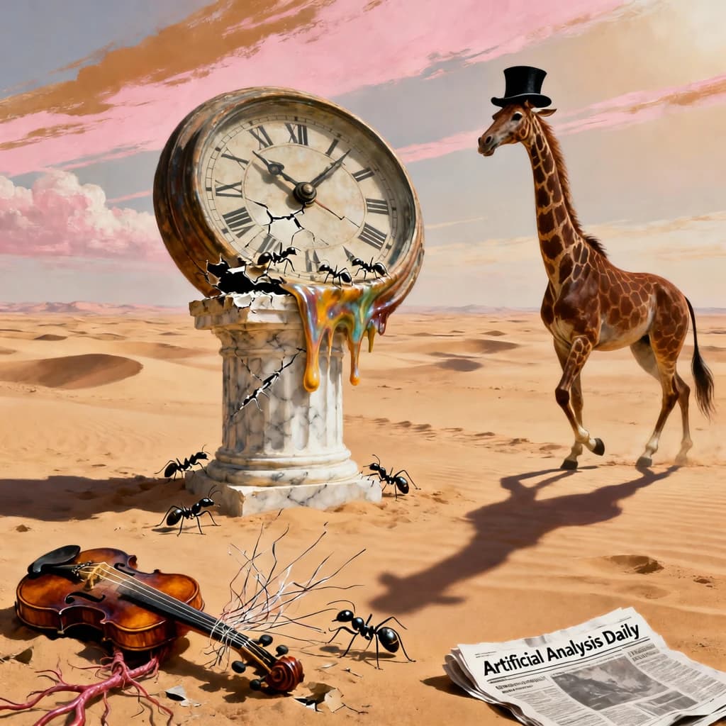 A vast desert plain stretches endlessly under a sky streaked with pale pink and ochre clouds. In the center stands a colossal clock, its face drooping and melting over the edge of a broken marble column. Ants swarm across its warped surface, glinting in the harsh sunlight. To the right, a horse with a giraffe like neck wearing a top hat strides toward the horizon, its shadow stretching miles across the sand. A cracked violin lies half-buried in the foreground, strings snapping outward like veins. Painted in the dreamlike surrealist style. A newspaper named the "Artificial Analysis Daily" lies on the Floor.