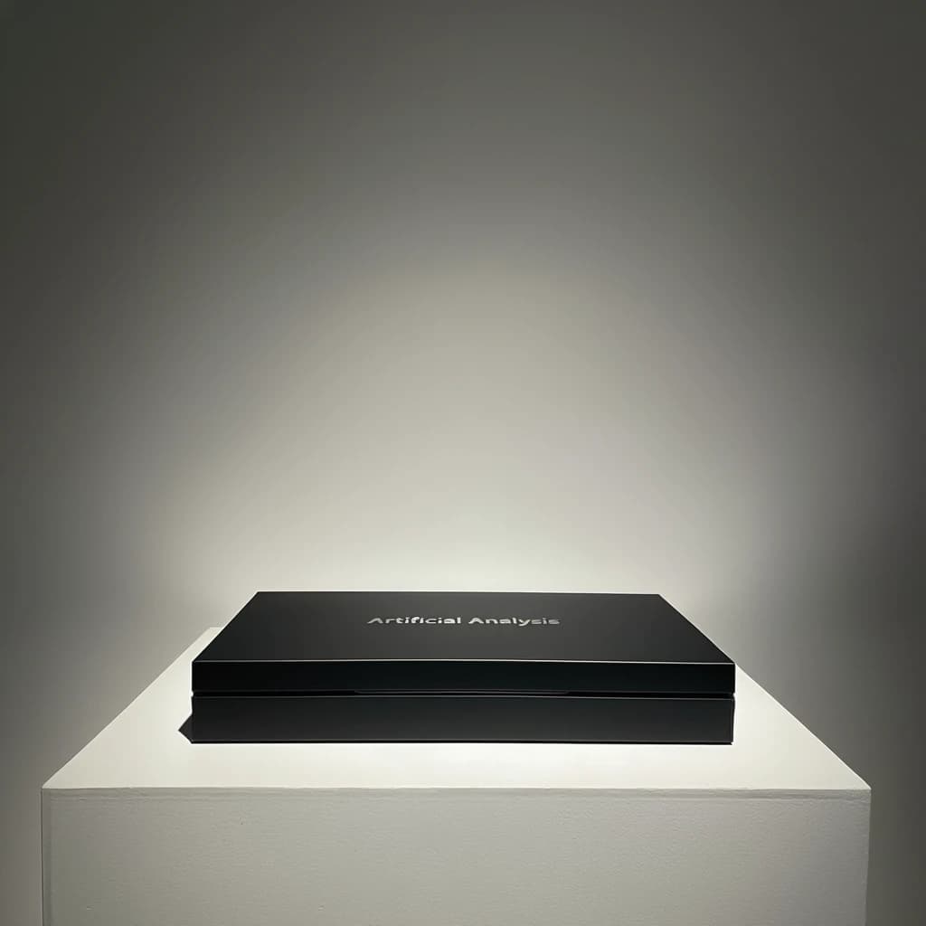 A premium matte black laptop-sized box rests on a pure white pedestal within a gallery space. Overhead, a single spotlight carves sharp contrast, leaving the edges in deep shadow. The brand name Artificial Analysis is embossed in silver foil, glinting faintly as though it were jewelry.