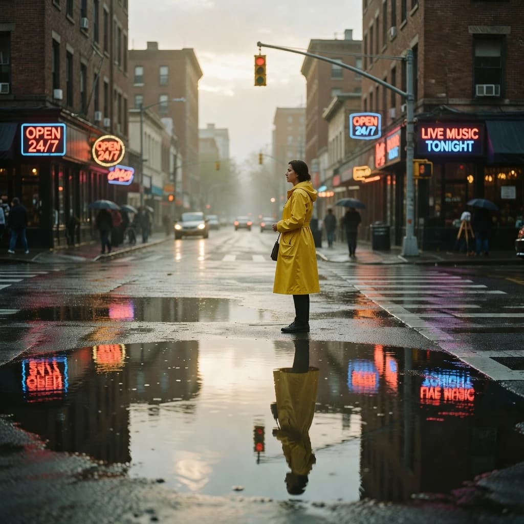 A sunlit city street after rain; puddles mirror neon signs as a woman in a yellow raincoat waits at a crosswalk, soft mist, 50mm look, natural tones, a bit of film grain.
