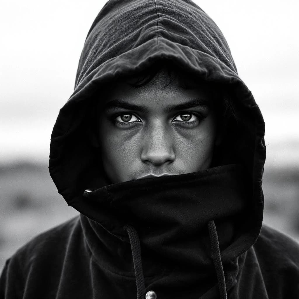 A dramatic black-and-white portrait of a young person draped in a hooded garment, their face framed by the hood's dark folds. Their skin tone and the subtle sheen on their cheeks create striking tonal contrast against the deep shadows. Their eyes are piercing, looking directly into the lens with a calm, steady intensity—neither confrontational nor submissive, but deeply present. The texture of the fabric is visible: it's dense, slightly weathered, and whisper-thin creases catch the light. In the background, an expansive, out-of-focus landscape suggests open space—perhaps distant plains or water—though the details remain soft and abstract. The overall mood is silent yet powerful, poised between vulnerability and resilience, with every highlight and shadow telling part of their story.