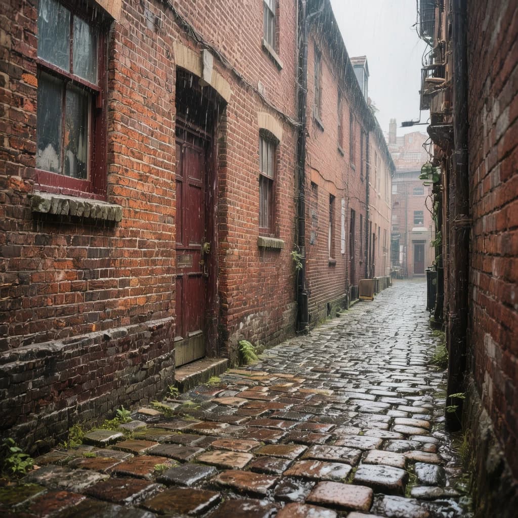 Show a narrow brick alley with wet cobblestones.