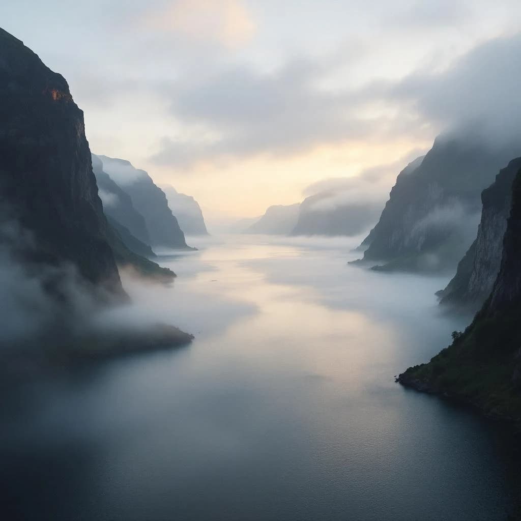 Frame a foggy fjord at sunrise, cliffs looming.