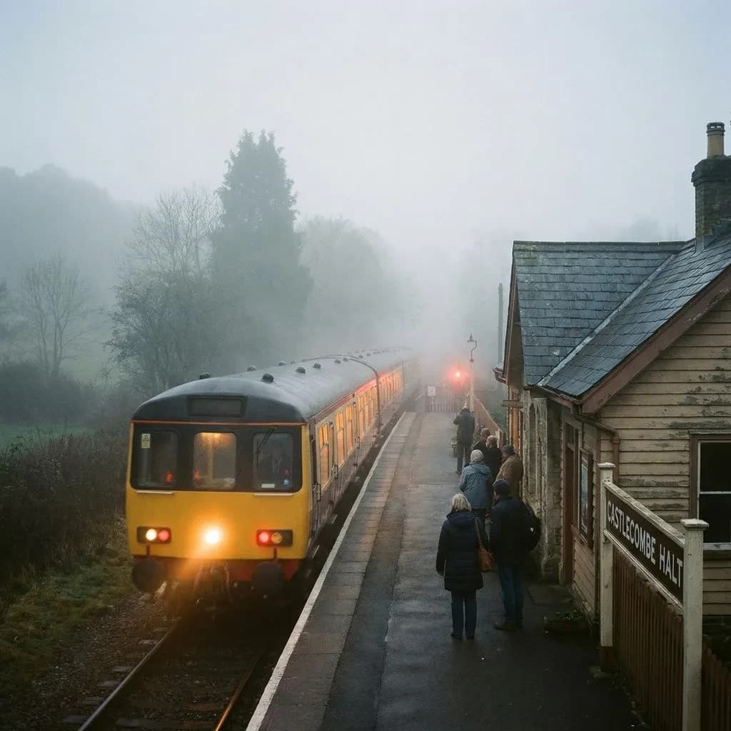 A commuter train enters a foggy little station.