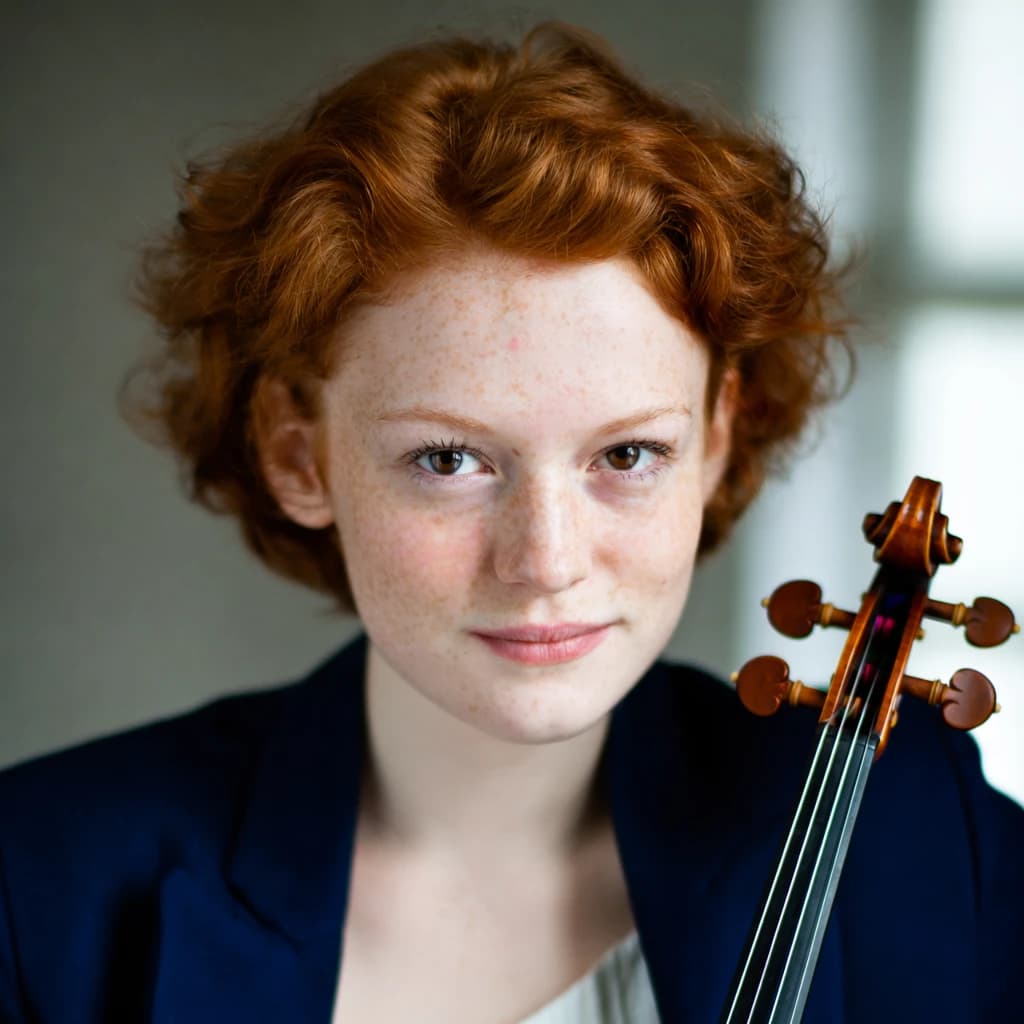Capture a head-and-shoulders portrait of a freckled red-haired violinist in a navy blazer, soft window light, 85mm at f/1.8, gently smiling yet serious eyes, muted tones.