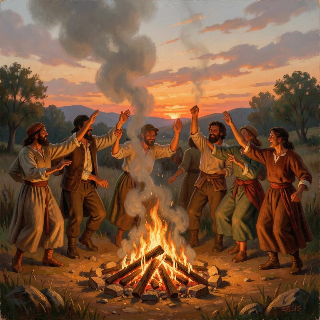 Make an oil painting of villagers dancing by a bonfire at dusk, a bit smoky.
