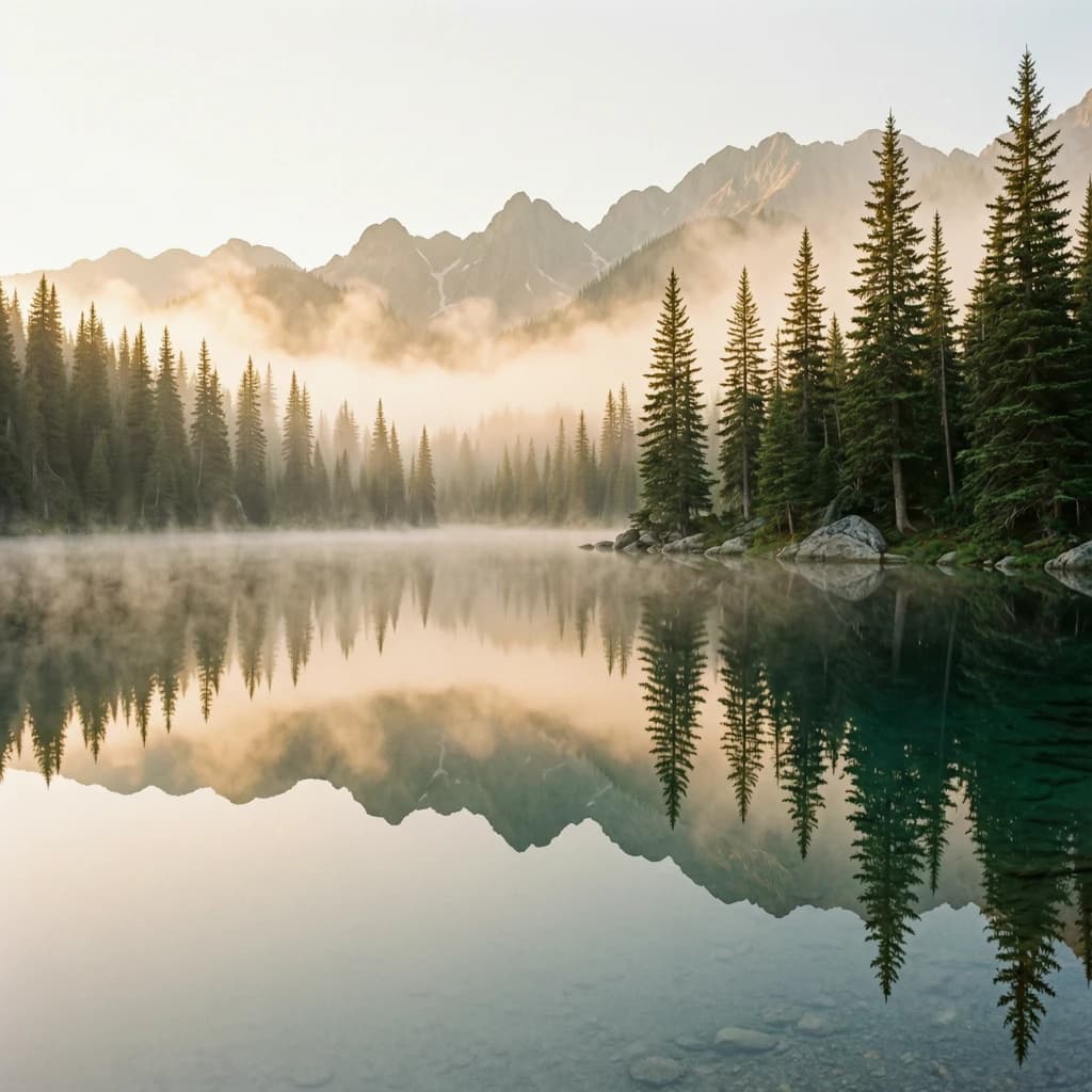 I want a photo of a misty alpine lake at dawn, pines, glassy water, warm light.