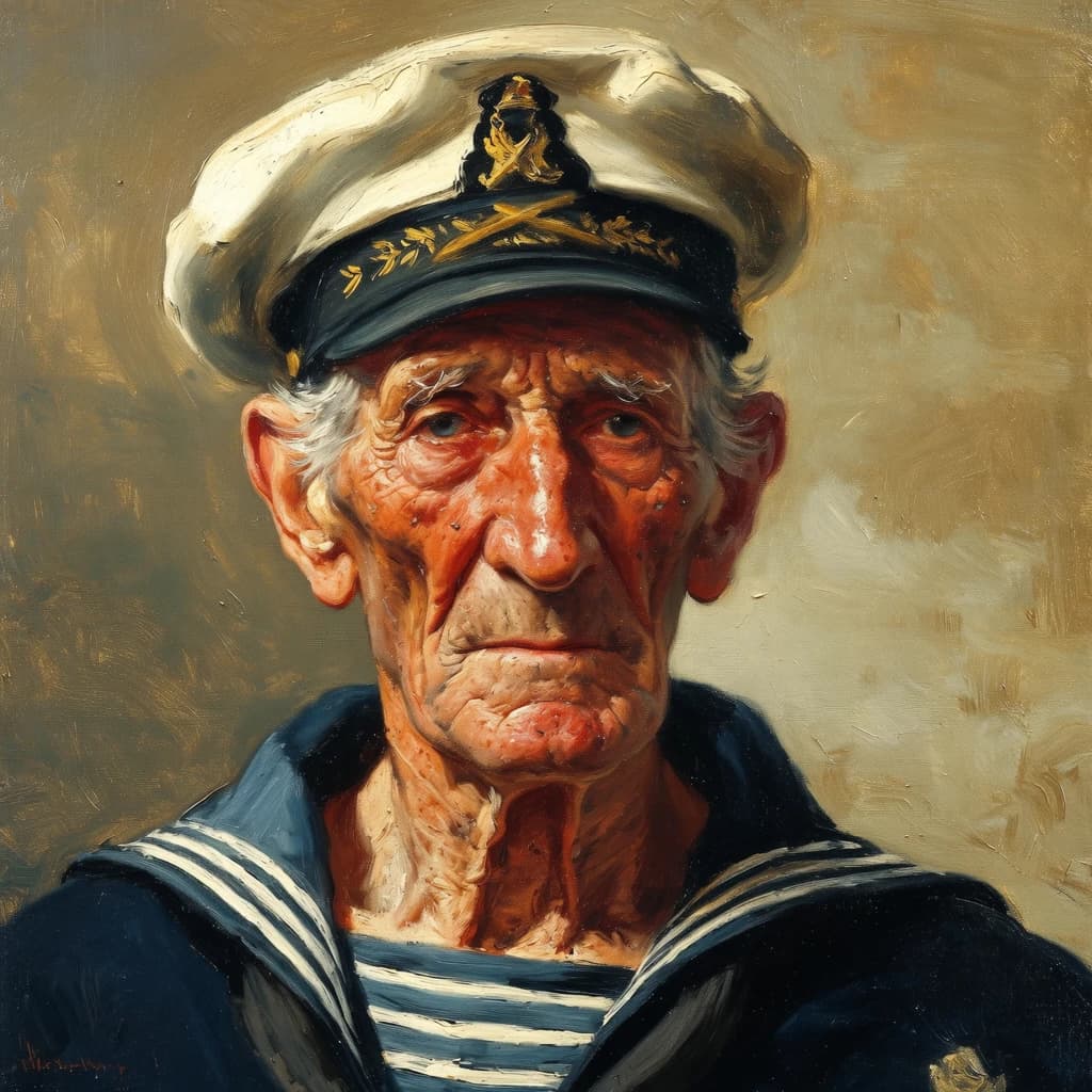 Oil on canvas portrait of an elderly sailor, weathered face, soft light.