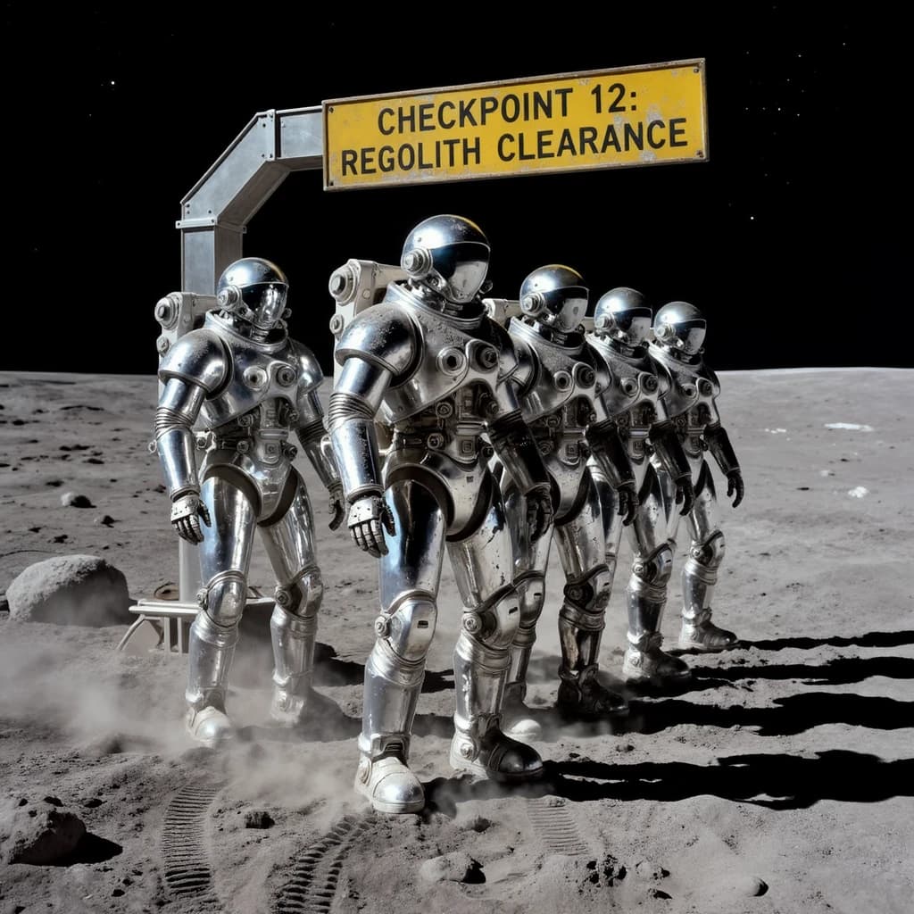 Silver exosuits queue at a dusty lunar checkpoint.