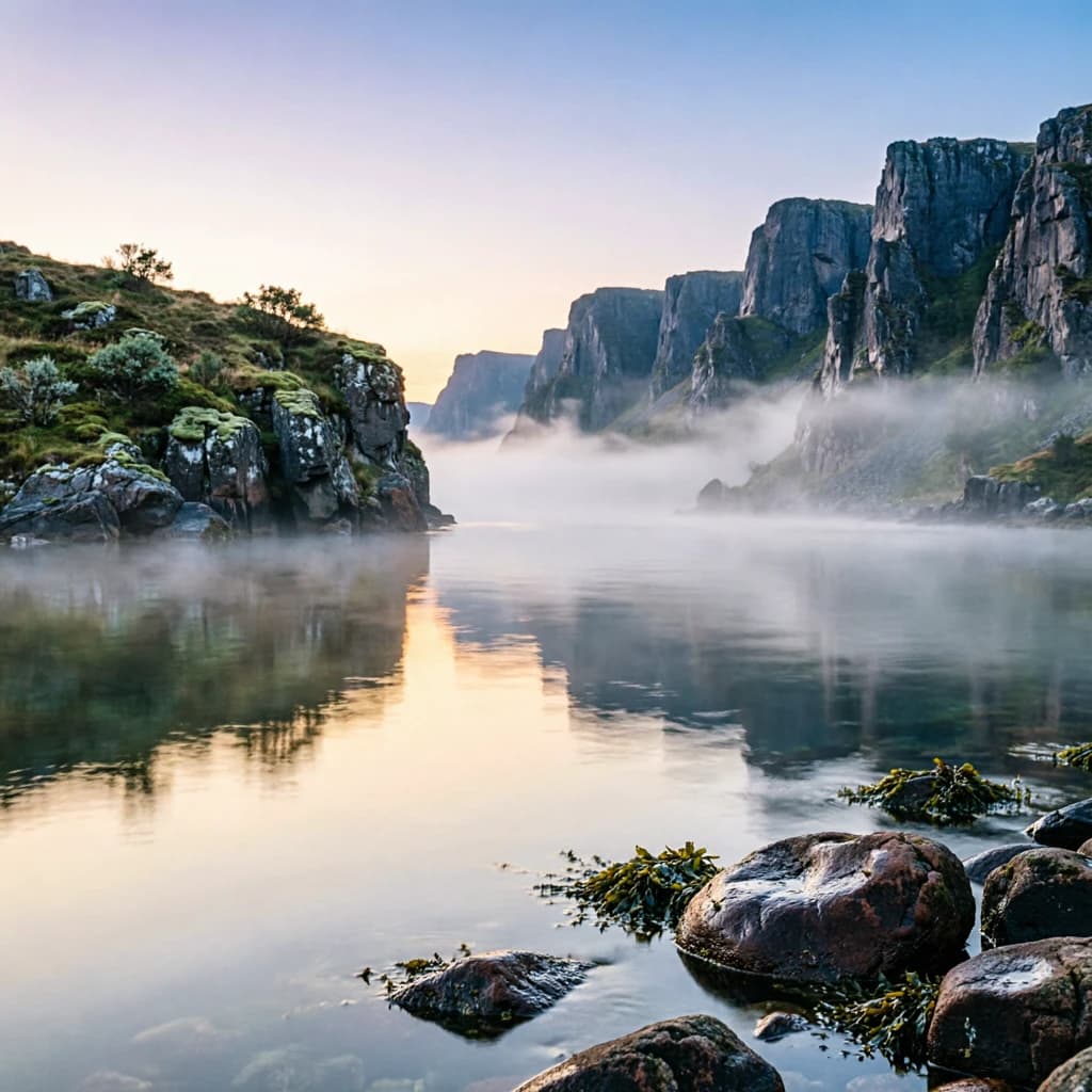 Frame a foggy fjord at sunrise, cliffs looming.