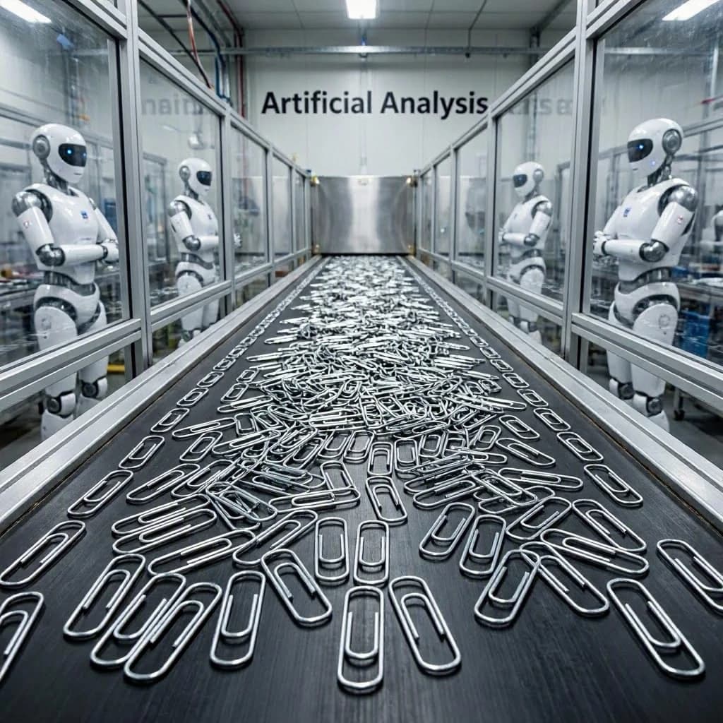 Close up point of view perspective on a conveyor belt pumping out paperclips at a maddening pace. The high tech factory has Artificial Analysis printed proudly on the wall. Robot staff look approvingly over the robust output.