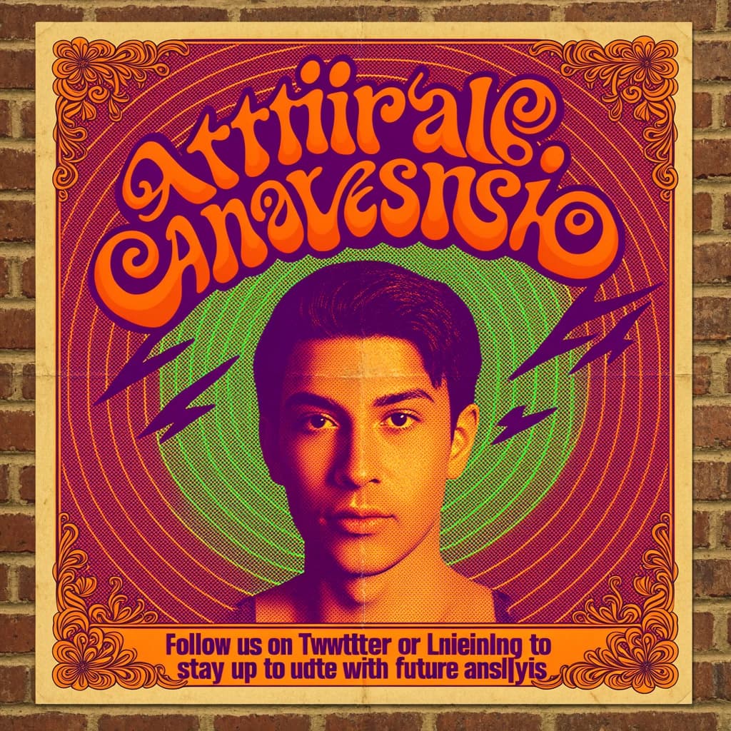 A portrait layout psychedelic concert poster from 1972 bathed in saturated oranges, deep purples, and acid greens. Swirling, hand-drawn typography arcs across the top, spelling out Artificial Analysis in bold, distorted letters that melt into spirals. Surrounded by radiating concentric circles and lightning-bolt motifs. The background is textured with halftone dots and faded paper creases, evoking a well-worn poster taped to a brick wall. Ornate floral borders frame the design, while the bottom features blocky retro lettering listing “Follow us on Twitter or LinkedIn to stay up to date with future analysis” in smaller text. 