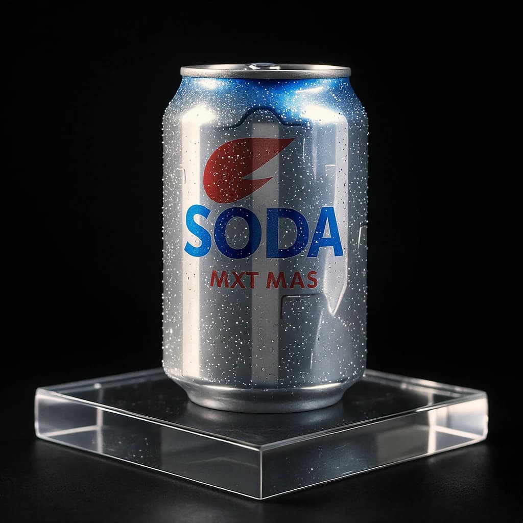 A close-up ad shot of sparkling soda can on glossy acrylic, harsh top light.