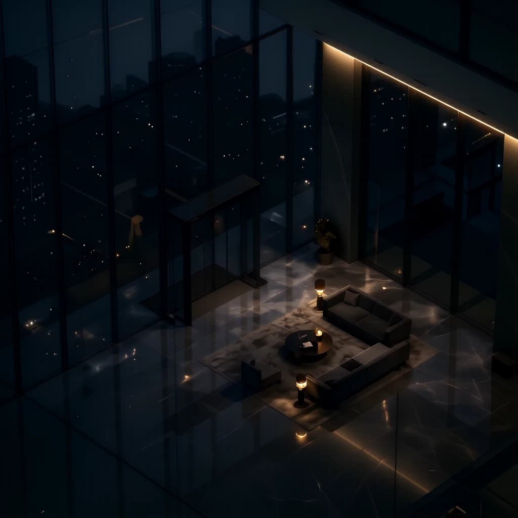 Isometric 3D lobby, glass walls, warm lights, slightly moody, soft shadows.