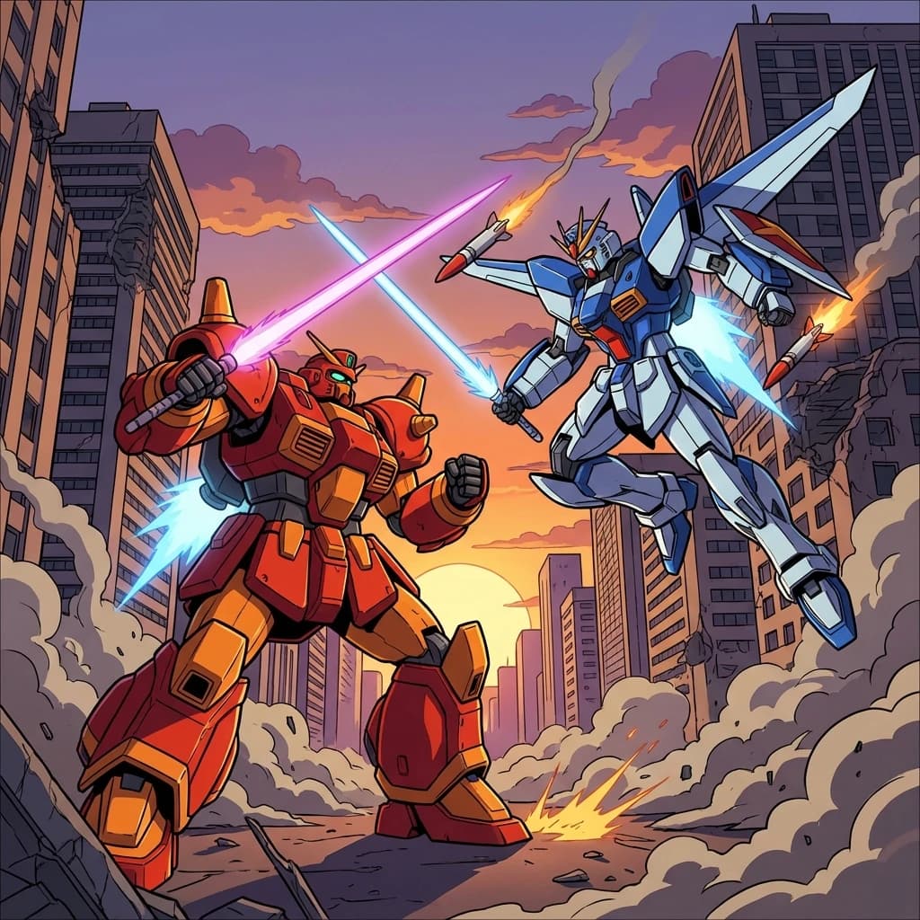 Make a cel-shaded mecha duel at dusk downtown.
