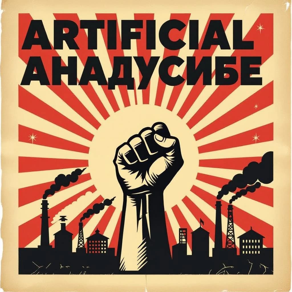 A propaganda poster in stark red, black, and beige. A clenched fist rises in the foreground, rendered with sharp geometric blocks. Behind it, radiating lines stretch upward toward a stylized sun. At the top, bold sans-serif lettering in Cyrillic-inspired type spells out Artificial Analysis, tilted at an angle for emphasis. A factory skyline silhouettes the bottom edge, smoke stacks rising into the background. The texture is rough, printed on aged paper with visible creases and ink bleed. Designed in the constructivist Soviet poster style.