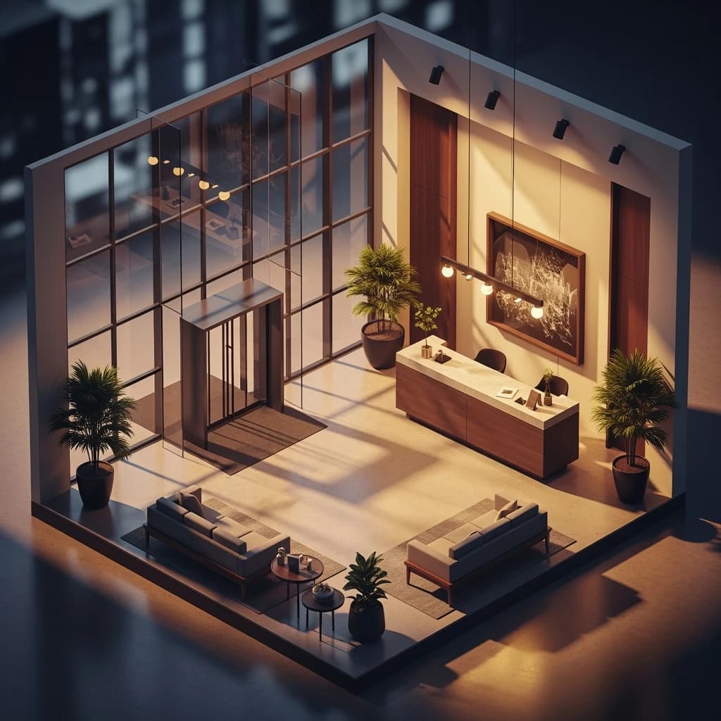 Isometric 3D lobby, glass walls, warm lights, slightly moody, soft shadows.