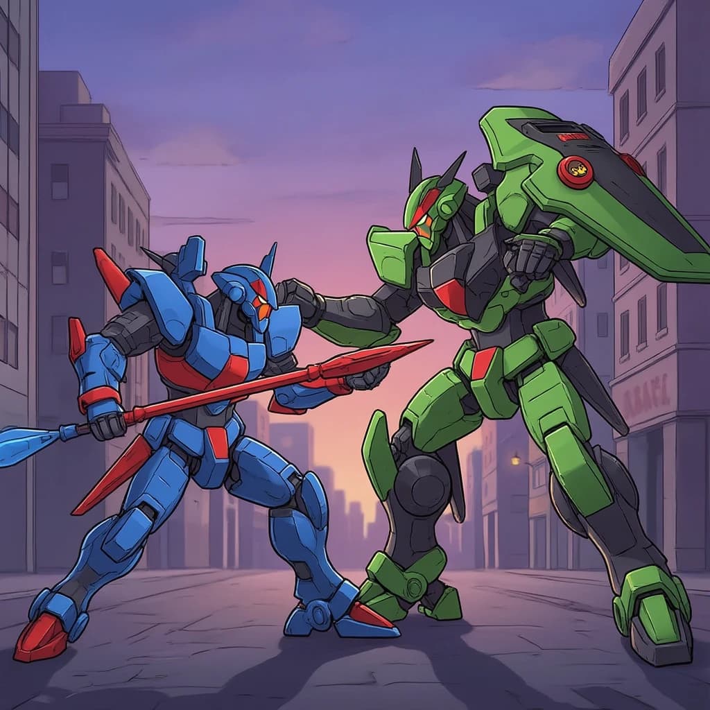 Make a cel-shaded mecha duel at dusk downtown.