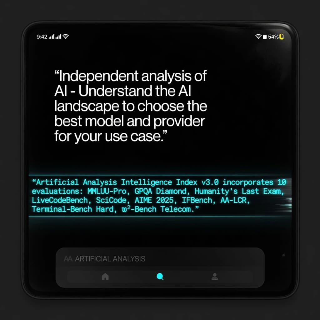 On a black smartphone UI with rounded corners, display a centered text block in white San Francisco font, 16pt: “Independent analysis of AI - Understand the AI landscape to choose the best model and provider for your use case.” Below, in neon cyan, monospace font, smaller size: “Artificial Analysis Intelligence Index v3.0 incorporates 10 evaluations: MMLU-Pro, GPQA Diamond, Humanity's Last Exam, LiveCodeBench, SciCode, AIME 2025, IFBench, AA-LCR, Terminal-Bench Hard, 𝜏²-Bench Telecom.” The second block scrolls horizontally as a ticker. The battery icon in the status bar shows 54%. The Artificial Analysis logo appears faintly, embossed into the bottom navigation bar.