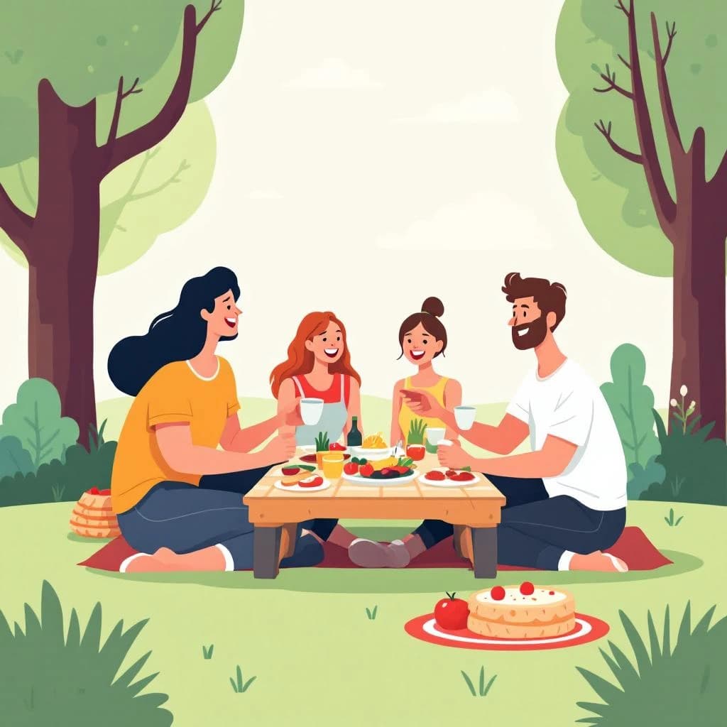 Flat vector picnic scene, friends laughing, oversized food icons, simple shapes.