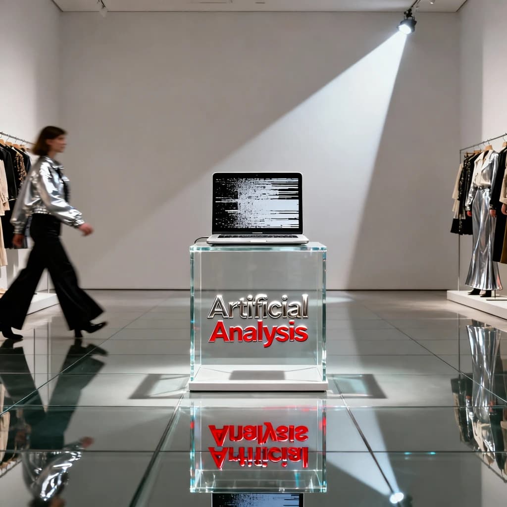 In a spotless gallery space, a pedestal supports a transparent laptop whose screen flickers between static and pristine brand imagery. Shoppers blur past in designer clothes that appear slightly outdated - bell bottoms, metallic jackets. The embossed logo “Artificial Analysis” glints silver, yet its reflection in the glass floor reads in crimson letters. A single spotlight shines, though shadows fall in two directions.