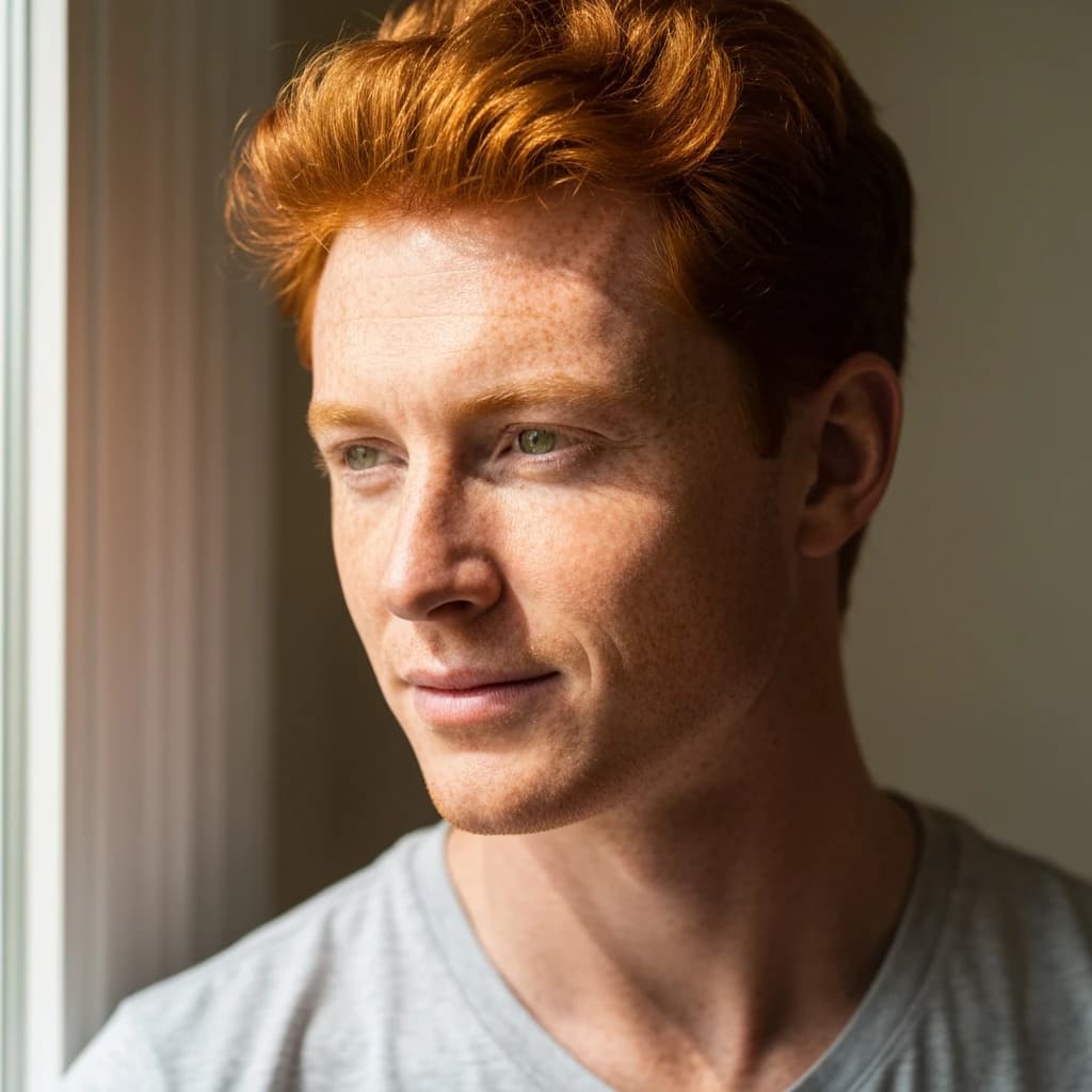 Shoot a natural light headshot of a red-haired man with freckles, green eyes.