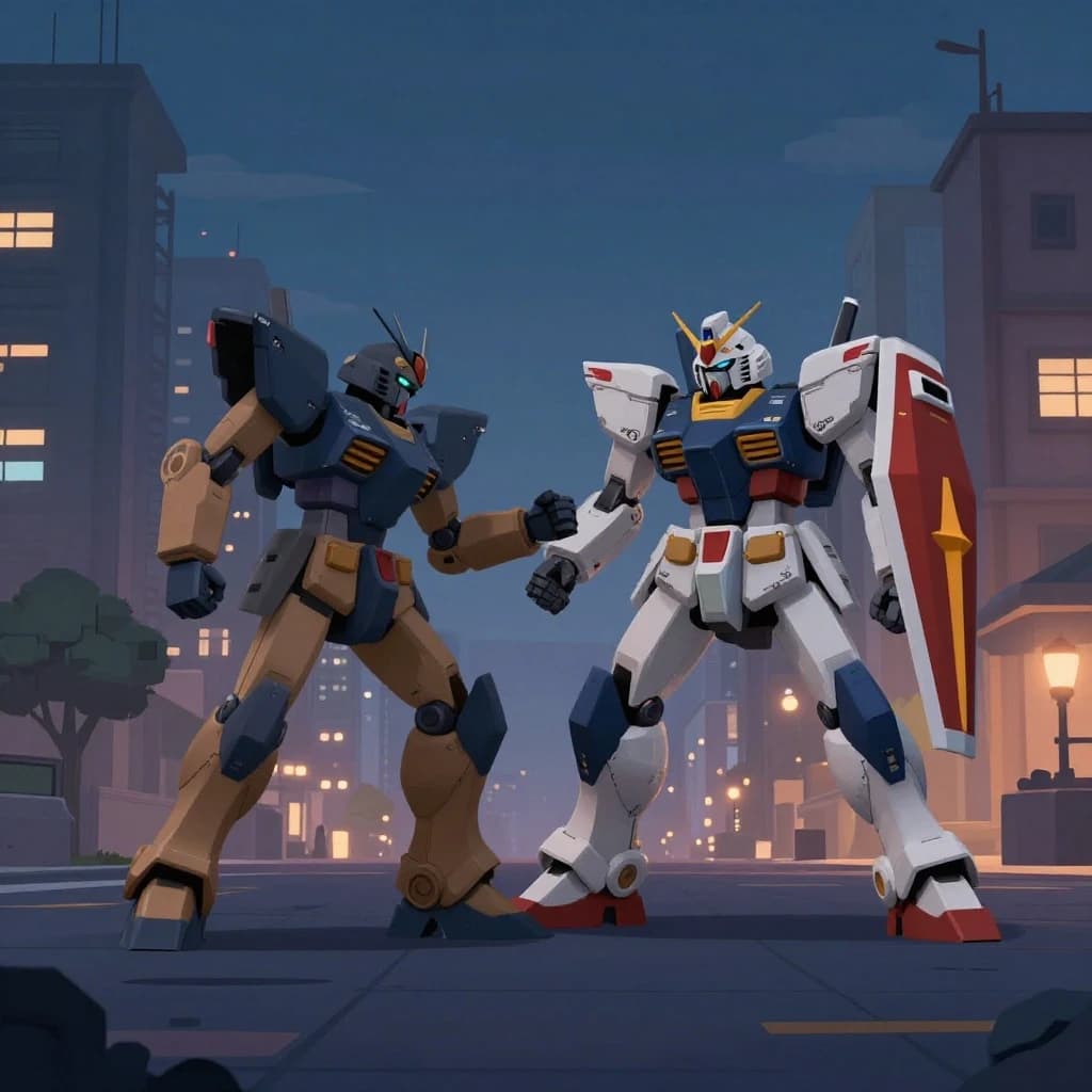 Make a cel-shaded mecha duel at dusk downtown.