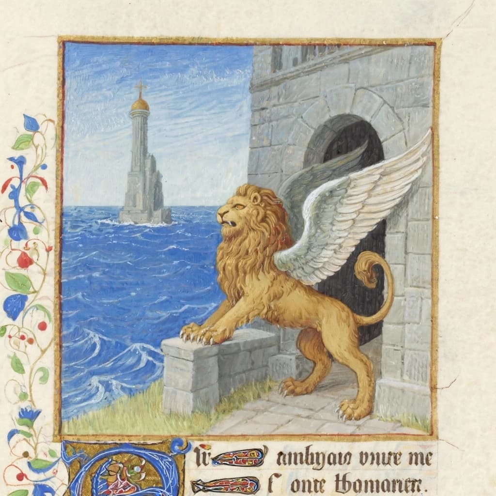 Paint an illuminated manuscript scene of a winged lion guarding a sea gate.