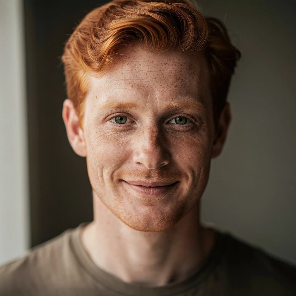 Shoot a natural light headshot of a red-haired man with freckles, green eyes.