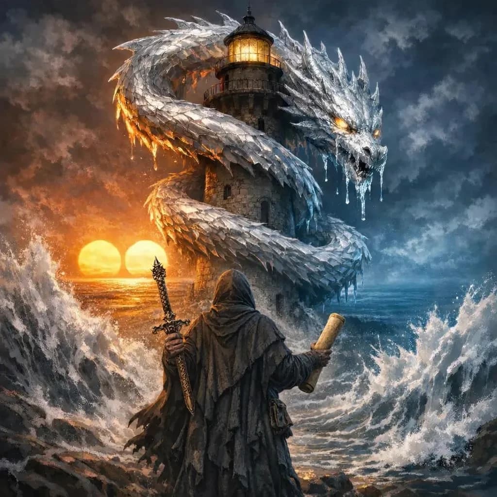A dragon of molten silver coils around a lighthouse. The storming sea below crashes upward in frozen stillness, as though caught mid-motion. The dragon’s molten eyes drip tears of ice. On the horizon, two suns set next to each other, casting orange light on one side of the tower and blue on the other. A cloaked traveler carries an ancient weapon in his left hand and a scroll in his right.