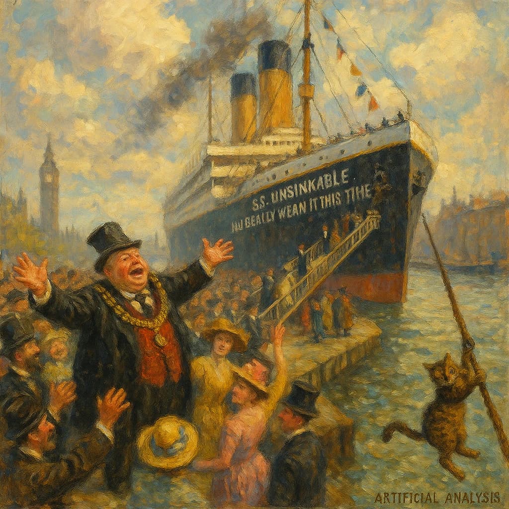An impressionistic painting of the mighty steamer the "SS Unsinkable We Really Mean It This Time" on a cloudy but bright London morning about to set out on her maiden voyage. A jubilant crowd is gathered on the dock around the paunchy mayor who is making a speech, gesticulating wildly with his hands. The gangways are busy with well heeled ladies and gentlemen making their way onto the ship. A cheeky cat hangs over the water, clinging to the mooring rope after an ill-fated attempt to climb up. The artist has signed his name "Artificial Analysis" in the bottom corner