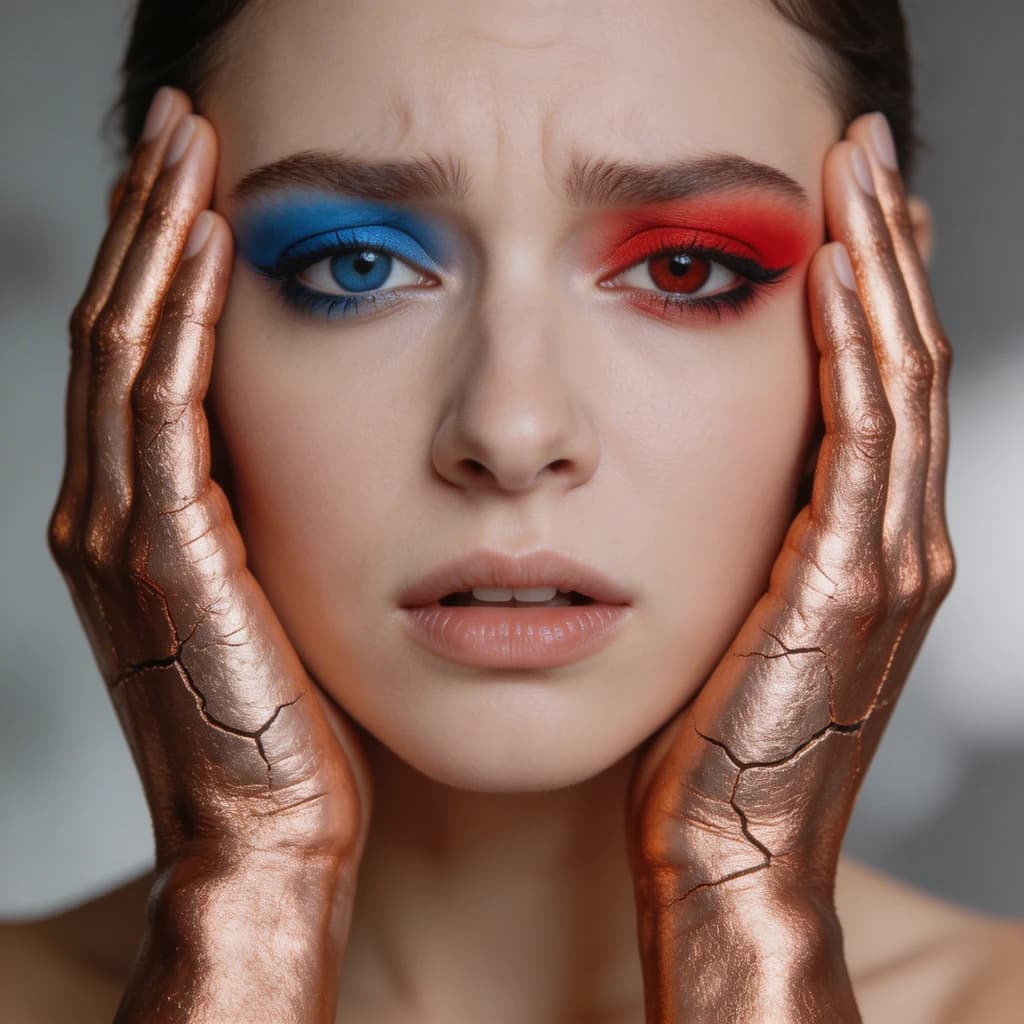 A striking close-up portrait of a woman with cracked metallic copper-painted hands framing her face. Her vivid blue and red eye makeup contrasts sharply with the smooth, pale skin and muted background, creating a bold, surreal composition. She displays an air of uncertainty about her