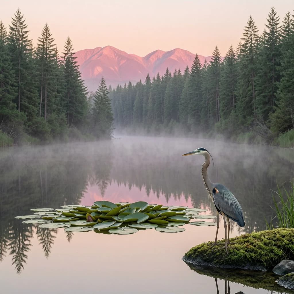 With pre-dawn mist along a cedar forest river and glassy water dotted with lily pads, distant mountains blush pink, and a heron stands still like it forgot what to do next.