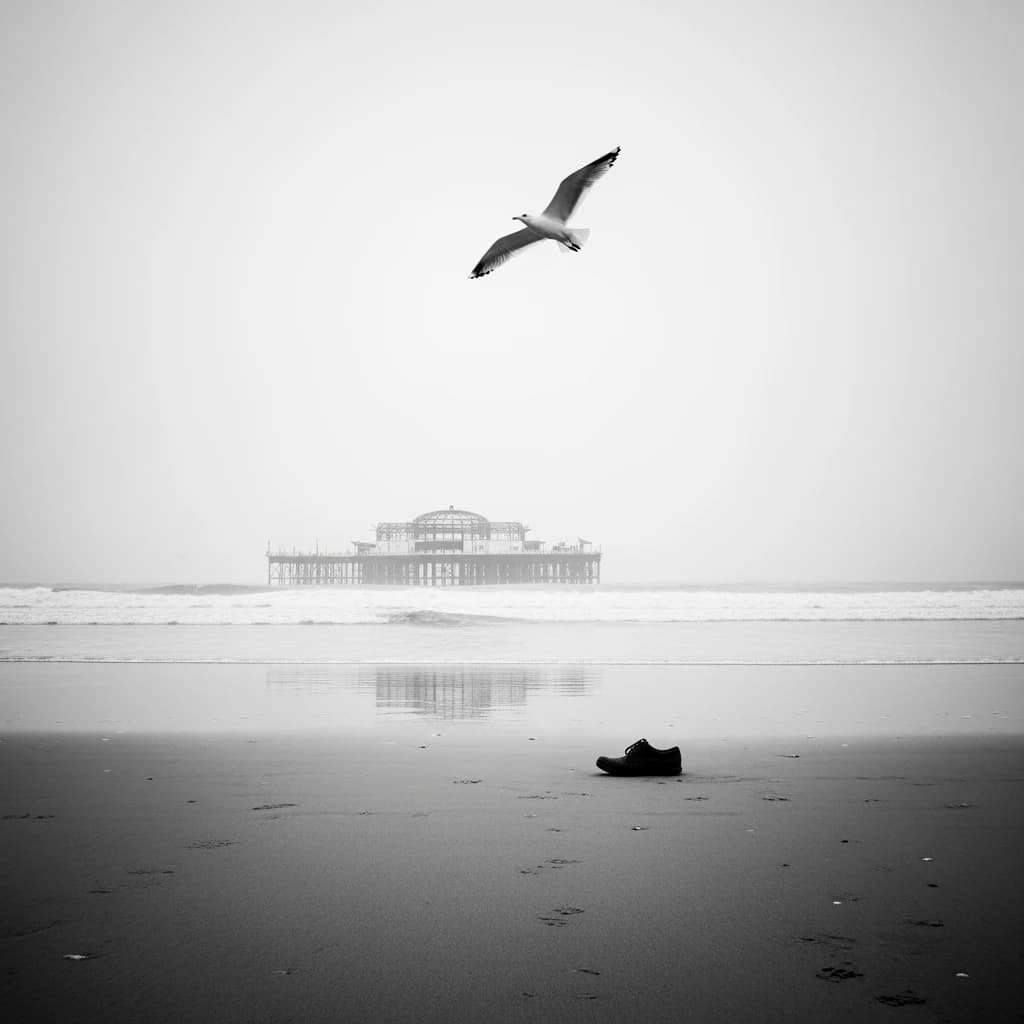The beach is flat, sand beige, granular, no shells, except for a single left shoe, black leather, size eleven, half buried at an angle. The pier extends straight into the water, wood untreated, grain visible, though the support posts vanish before they touch the surface. The sky is uniformly gray, no clouds, yet shadows stretch at sharp diagonals. A single gull sits on the railing, wings outstretched, frozen mid-flap, no movement.